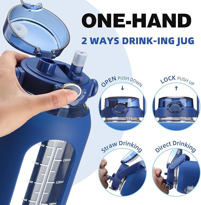 Glass Water Bottle with Straw and Handle Lid Half Gallon Motivational Glass Bottle with Silicone Sleeve and Time Marker Large Reusable Sports Water Jug for Gym Home Workout