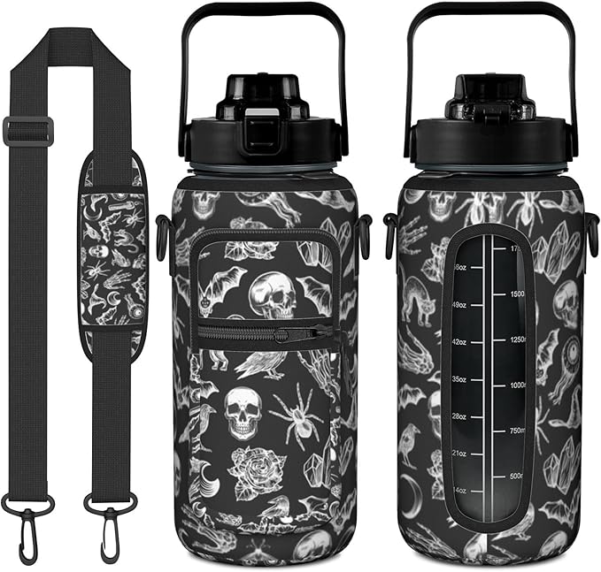 Goth Half Gallon Water Bottle with Sleeve -Flip Top Bpa Free 64 OZ - Motivational Time Marker Leakproof Water Jug - Goth Gifts for Women - Halloween Witchy Gothic for Gifts