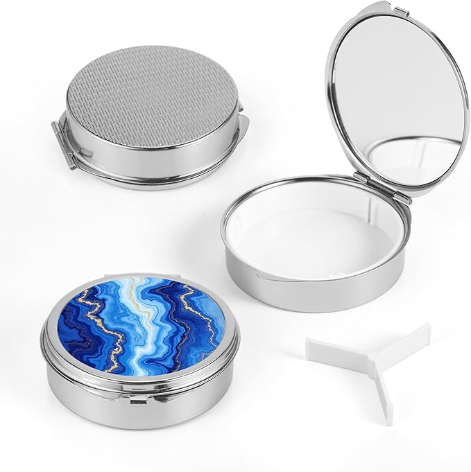 Dynippy Pill Case Pill Box with Mirror Pocket 3 Compartment Medicine Case Vitamin Pill Organizer for Pocket Purse and Travel (Round, Silver-Blue Marble Pattern)