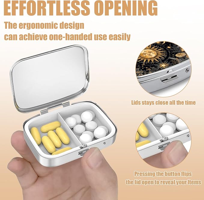 Pill Box-2 Compartment Small Flower Pill Case Square Organizer Case with Mirror Portable Metal Medicine Box Travel Container for Pocket & Purse Women Men(Sun and Moon)