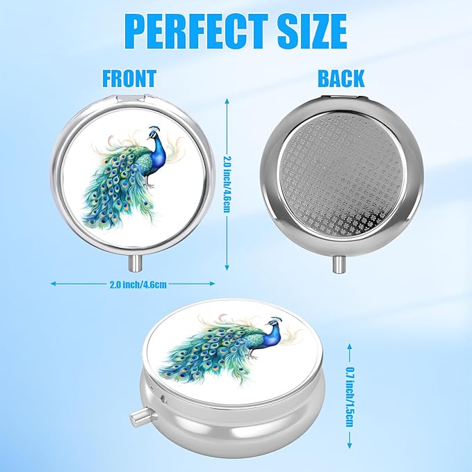 Pill Box, 3 Compartments Small Pill Case Travel Portable Metal Medicine Box with Mirror Mini Container for Purse Pocket Women Men（Watercolor Peacock）