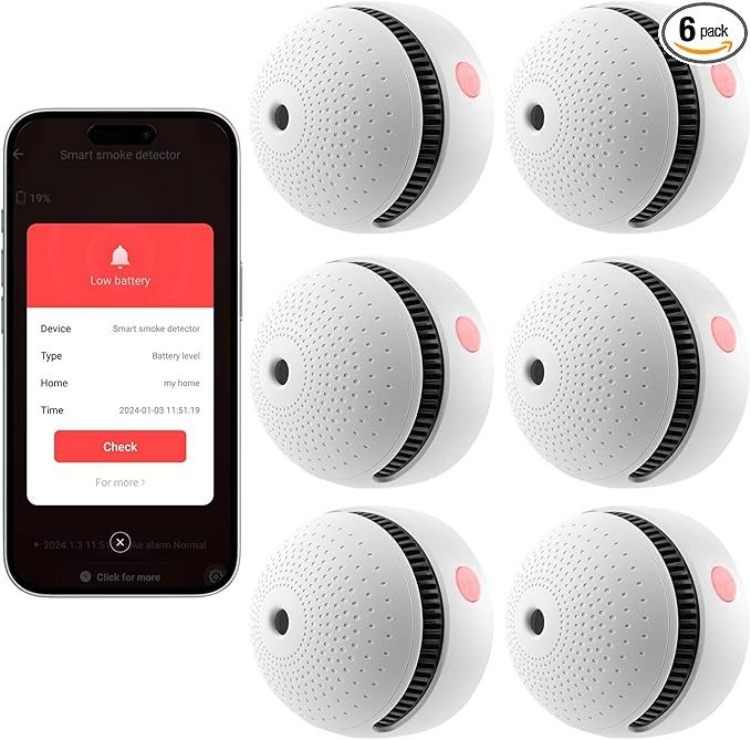6-Pack Smart Smoke Detector with 10-Year Battery(Replaceable),Wi-Fi Smoke Detector with Smart Life App Notifications,Mini Size Fire Alarm for Home,RV,Easy Install