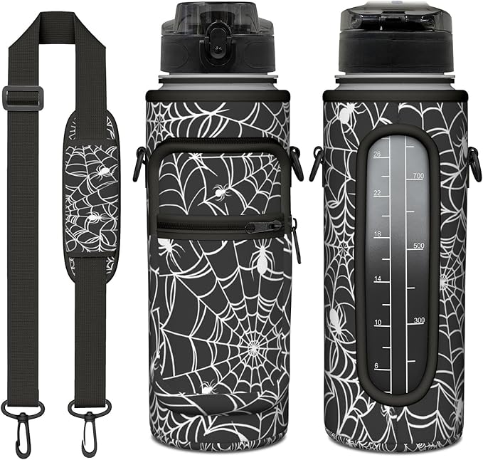 Halloween Half Gallon Water Bottle with Sleeve - Flip Top Bpa Free 32 OZ - Motivational Time Marker Leakproof Water Jug - Gothic Witchy Gifts for Women - Spider Web for Gifts