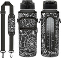 Halloween Half Gallon Water Bottle with Sleeve - Flip Top Bpa Free 32 OZ - Motivational Time Marker Leakproof Water Jug - Gothic Witchy Gifts for Women - Spider Web for Gifts