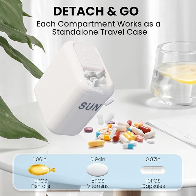Weekly Pill Organizer with Taken/Untaken Tracker – Never Forget or Double-Dose Your Medication, Large Daily Compartments for Vitamins & Supplements, Vitamin, White