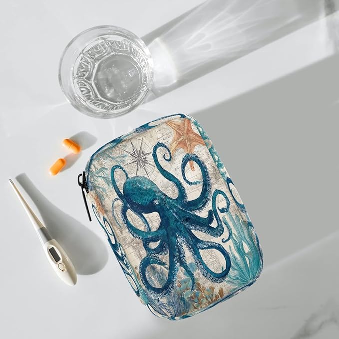 Octopus Ocean Vintage Pill Case Travel Pill Organizer Weekly 7 Day Portable with Zipper Medicine Box Pill Case for Vitamins, Birth Control,Fish Oils,Medication, Supplements