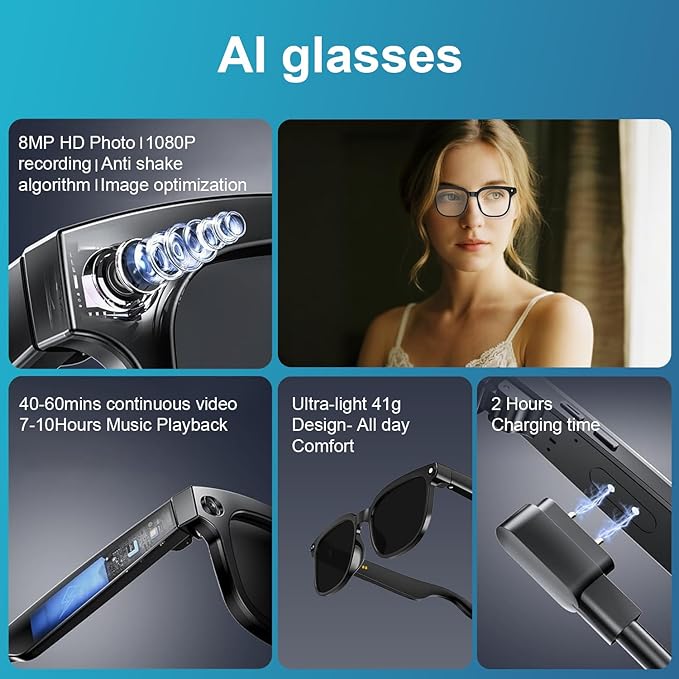 AI Smart Glasses with Camera, 8MP HD Camera Glasses with Video Recording Dual Mic, Real-time Translation & AI Voice Assistant, Identify Objects, IP65 Waterproof, Ideal for Travel & Meetings