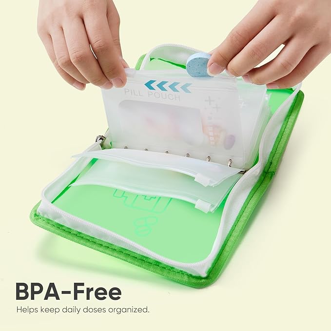 Lerine 7 Reusable Pill Pouch Bags, Zippered Pill Pouch Set, Travel Medicine Organizer with Write on Label, BPA Free Self Sealing Bags with Slide Lock, Ring Binder for Daily Vitamin, Supplement Storage