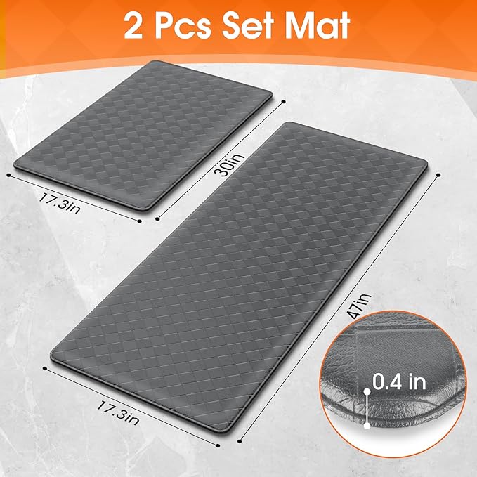Kitchen Mats, 2PCS Kitchen Rugs, Cushioned Anti Fatigue Kitchen Mats for Floor, Non-Slip Standing Sink Mat, Waterproof Kitchen Rug Set for Kitchen Floor Office,17.3"×30"+17.3"×47" Grey
