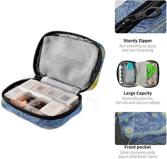 Pill Organizer Box Case Container Weekly Travel Daily 7 Day Pill Dispenser Sorter Vitamin Holder Medication Medicine Organizer Pill Case for Purse Small Compact Portable Cute Vangogh Star Sky