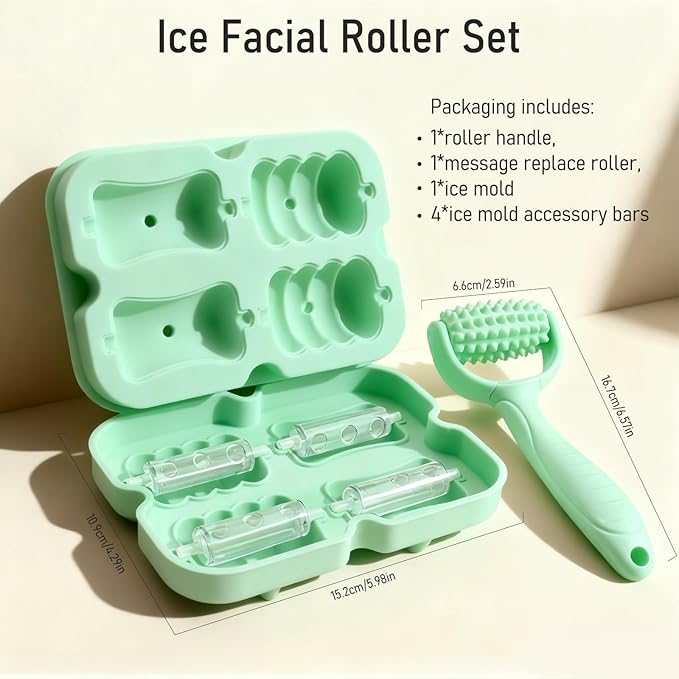 Ice Roller for Face, Reusable Facial Ice Roller for Eyes, Face, and Neck, 2 in 1 Massage Roller with Ice Face Mold and Silicone Textured Roller Head for Skin Care and Puffiness & Pain Relief, Green