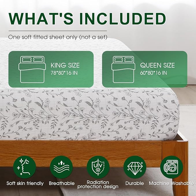 Ivellow Floral Grounding Sheets King 10% Pure Silver Fiber 90% Organic Cotton Fitted Sheet King Size 16” Deep Pocket Soft Earth Connected Bedding Patterned Fitted Bed Sheet with Grounding Cord