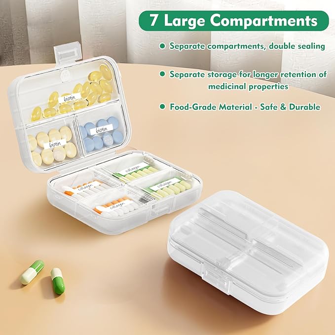 7 Day Pill Organizer with Snap-Lock Leakproof Design - Portable Travel Pill Case for Pills, Vitamins, Supplements, BPA-Free Mini Medicine Box for Work, Outdoor, Traveling (Clear)