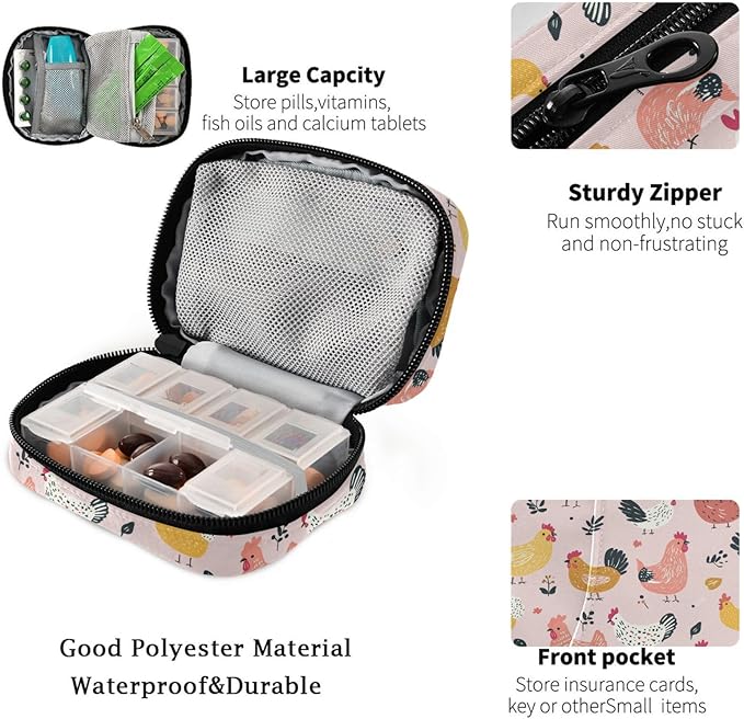 Fustylead Cute Cartoon Hens and Roosters on Pink Background Travel Pill Case Bag with Zipper Weekly Pill Box 8 Compartments 7 Day Personal Pill Case Purse Medicine Case Organizer