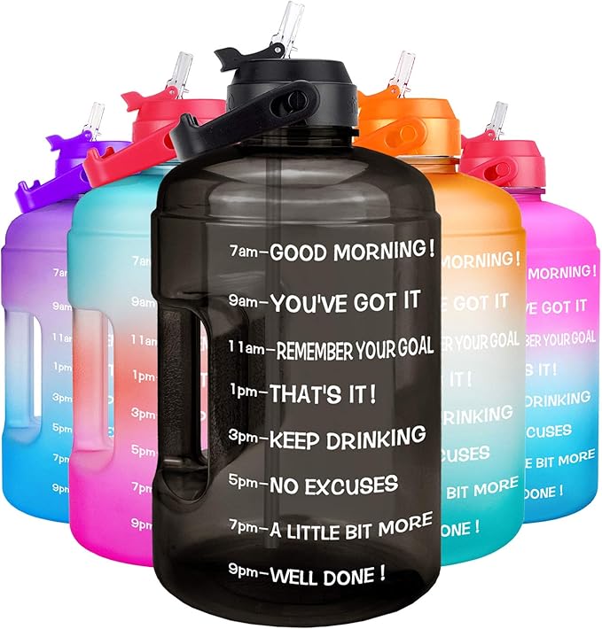 QuiFit 1 Gallon Water Bottle - with Straw & Motivational Time Marker Leak-Proof BPA Free Reusable Gym Sports Outdoor Large(128OZ/73OZ) Capacity Water Jug