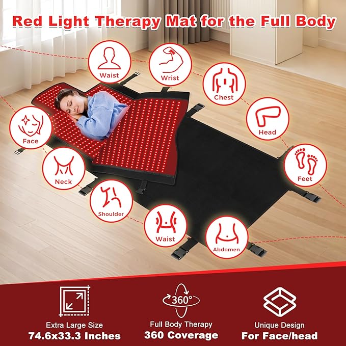 Red Light Therapy Mat, 2in1 LEDs (660nm& 850nm) Red Light Therapy Blanket, Premium Material, Adjustable Timer & Intensity