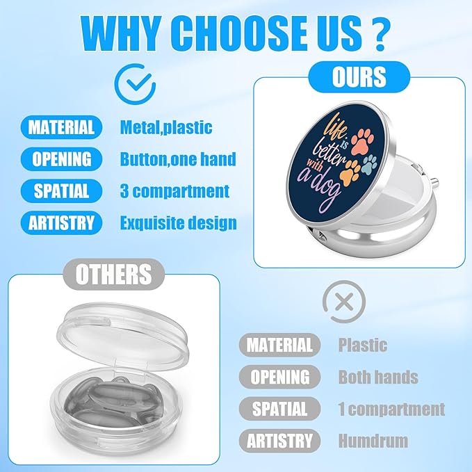 Dog Paw Pill Case, Live is Better with a Dog Pill Box 3 Compartments Metal Small Pill Holder with Mirror Mini Travel Pill Container for Purse Pocket Women Men