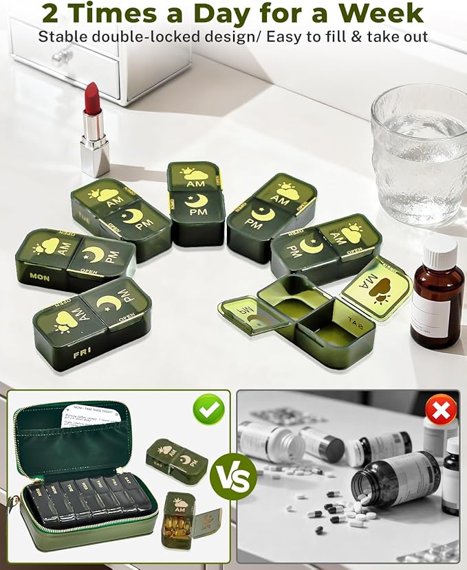 Pill Organizer 2 Times a Day (AM PM), Weekly Pill Box with PU Leather Travel Case, Portable Medicine Organizer for Travel, Work & Supplements (Green)