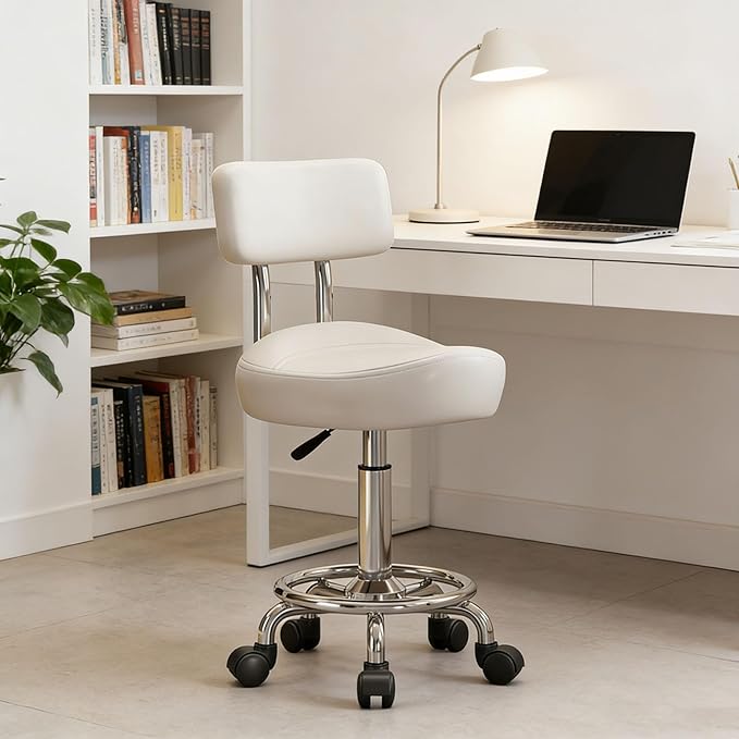 Saddle Stool with Back and Ring Pedal, Adjustable Hydraulic Rolling Chair with Wheels for Salon, Spa, Medical, Massage & Drafting Use White