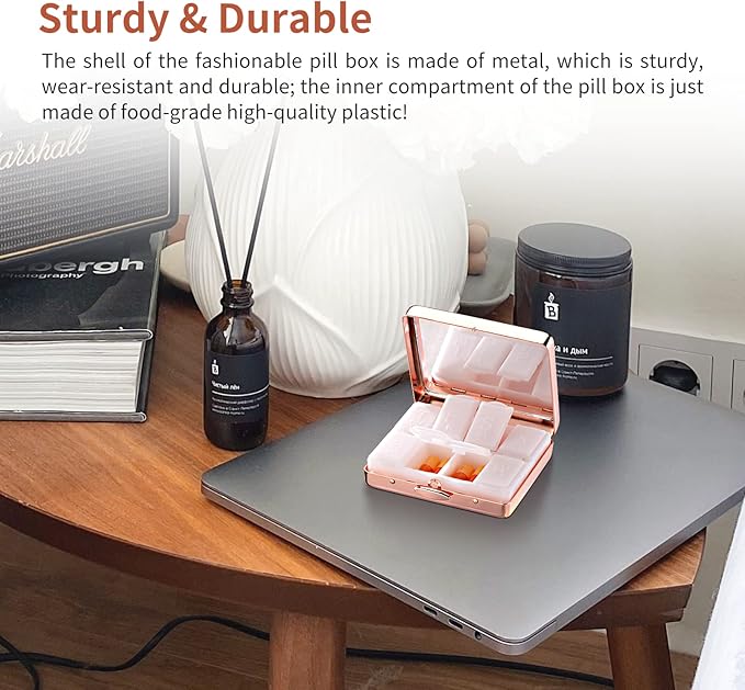 Portable Metal Travel Medicine Box with a Mirror / 8 Compartments (Rose Gold)