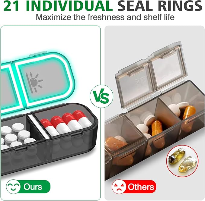Weekly Pill Organizer 3 Times a Day, GloDeals Large Travel Pill Box 7 Day, Am Pm Three Daily Pill Case with Removable Medicine Container, Pill Holder for Vitamin, Supplement, Fish Oil, Black
