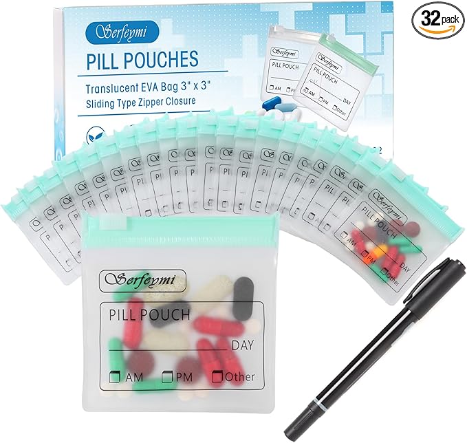 Serfeymi 32 Pcs Pill Pouch Bags for Travel Reusable Plastic Bags 3 x 3 Inches 12 mil (Double Sided) Translucent Zippered Pill Pouches for Medicine with Slide Lock & Writable Label，1 Pc Marker - Green