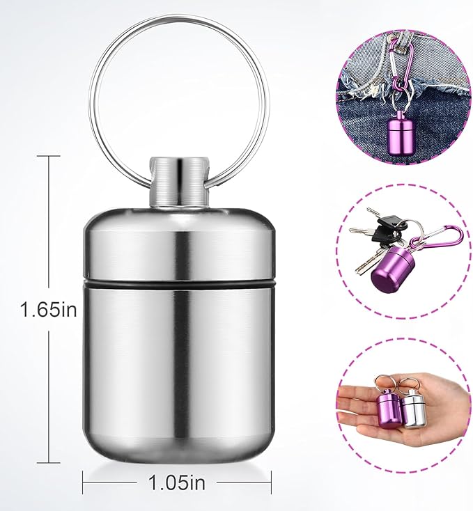 Hicarer 4 Pack Ear Plug Carrying Case, Waterproof Metal Ear Plug Holder with Keychain, Portable Small Pill Case Container for Earplugs, Jewelry, Pill Organizer for Travel or Sports(Silver, Purple)