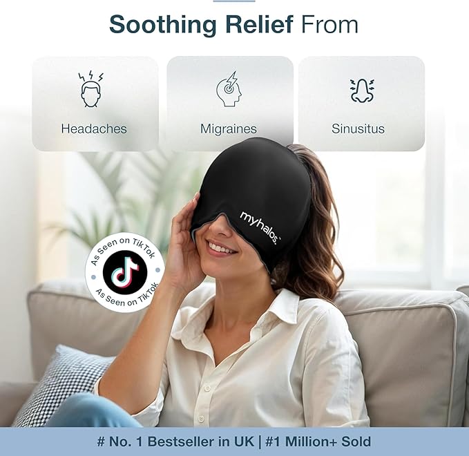 MyHalos® Migraine Relief Cap, 30% Thicker, 2X More Cooling Gel, Stays Colder for Longer, Form Fitting Ice Hat, Ice Pack Head Wrap Relief, Tension Headache Relief Cap (Black - Pack of 2)
