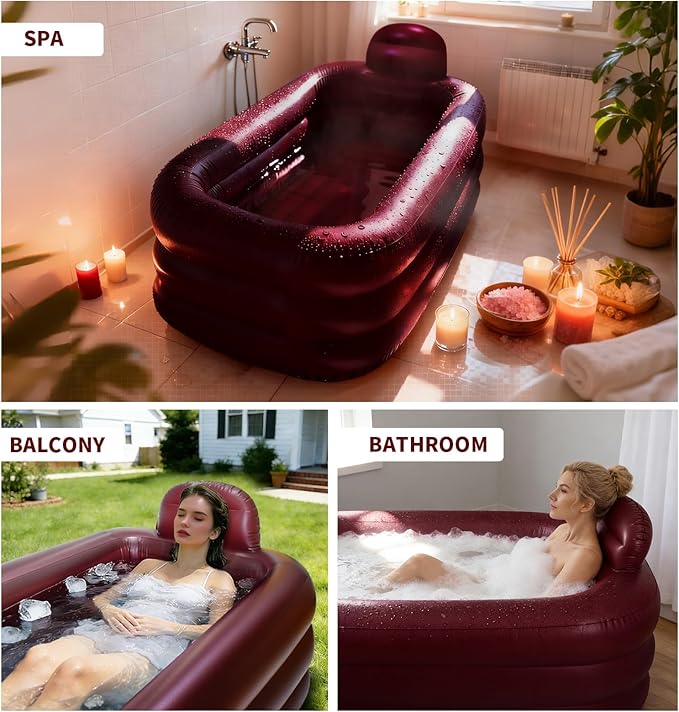 Inflatable Bathtub for Women, with Pillow Headrest - Portable Foldable Freestanding Hot Spa Bath Tub with Cover, Elegant Indoor One-Person Soaking Tub for Self-Care & Relaxation,Burgundy