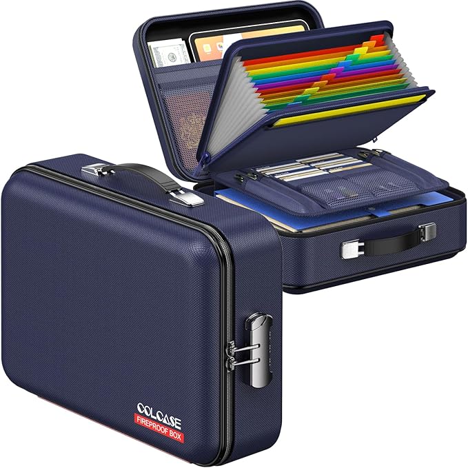 COLCASE Fireproof File Box, Hard Case Fireproof Document Organizer with Lock Hard-Shell Design Fireproof Water Resistant Safe Box for Important Documents Certificates Laptop Passports Blue