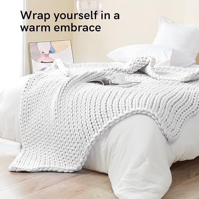 YnM Knitted Weighted Blanket, Hand Made Chunky Knit Weighted Throw Blanket for Sleep or Home Décor, Rest and Relax in Style Handmade Weighted Blankets (White, 80''x87'' 25lbs)