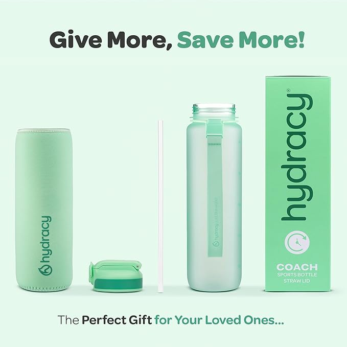 Hydracy Water Bottle with Time Marker -Large BPA Free Water Bottle & No Sweat Sleeve -Leak Proof Gym Bottle with Fruit Infuser Strainer & Times to Drink -Ideal for Fitness Sports & Outdoors