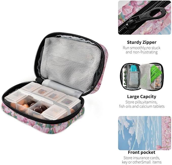 Pink Tulip Field and Blue Sky Travel Pill Organizer Case Box Container Weekly Portable Vitamin Medicine Holder Storage Bag with Zipper Removable