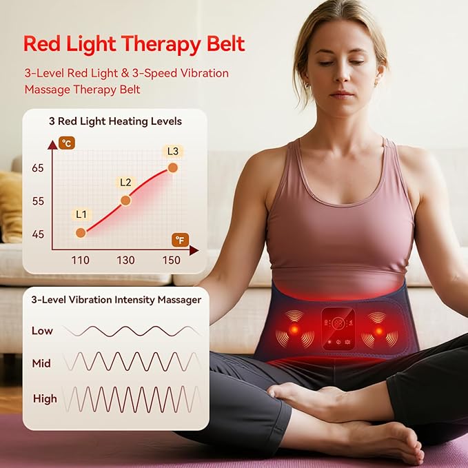Red Light Therapy Belt, Cordless Red Light Belt with Vibration Massage, 660/850nm Infrared Wrap for Back/Abdomen, 5000mAh Rechargeable-Pain Relief/Circulation Boost/Muscle Relaxation, Gift for Parents