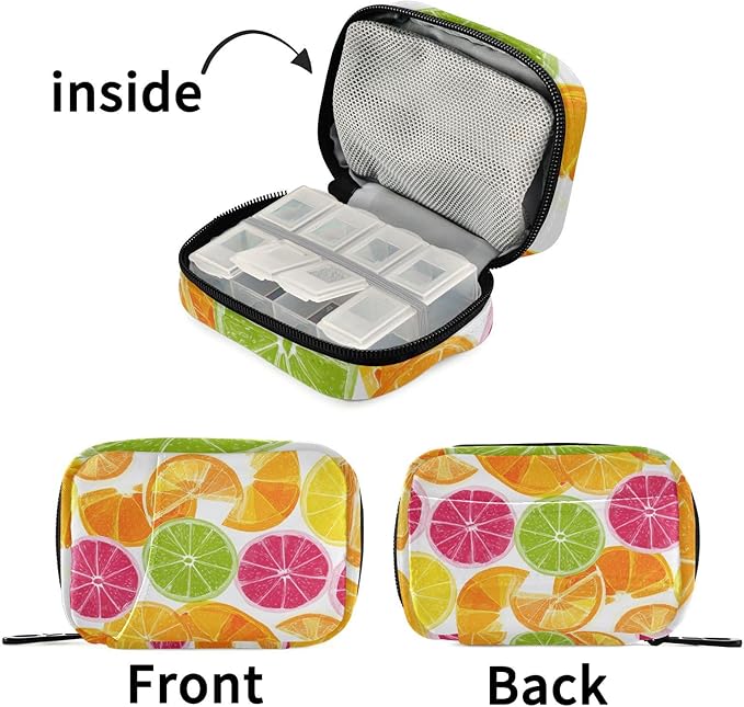Multicolored Summer Citrus Slices Travel Pill Organizer Case Box Container Weekly Portable Vitamin Medicine Holder Storage Bag with Zipper Removable