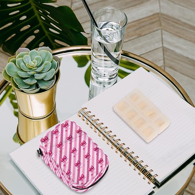 Pink Bow Diagonal Stripes Travel Pill Organizer Box Weekly Portable Pill Case Daily Pills 7 Day Small Birth Control Pills Container Removable Compartments for Medicine Vitamins Fish Oil