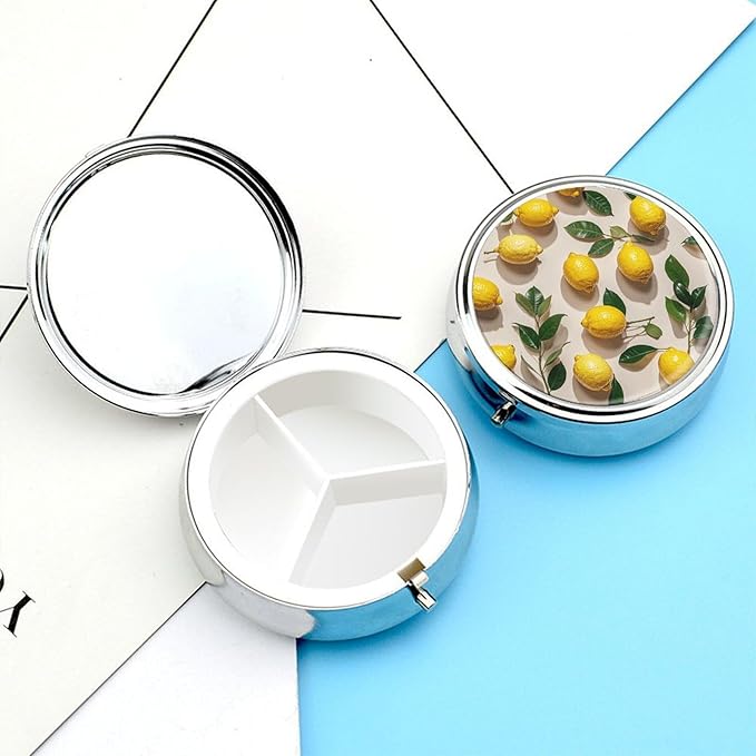 Lemon Pattern Pill Box Travel Pill Case for Purse Pocket Weekly Medicine Organizer with Mirror 3 Compartment Round Medicine Case Portable PillcaseHolder for Daily