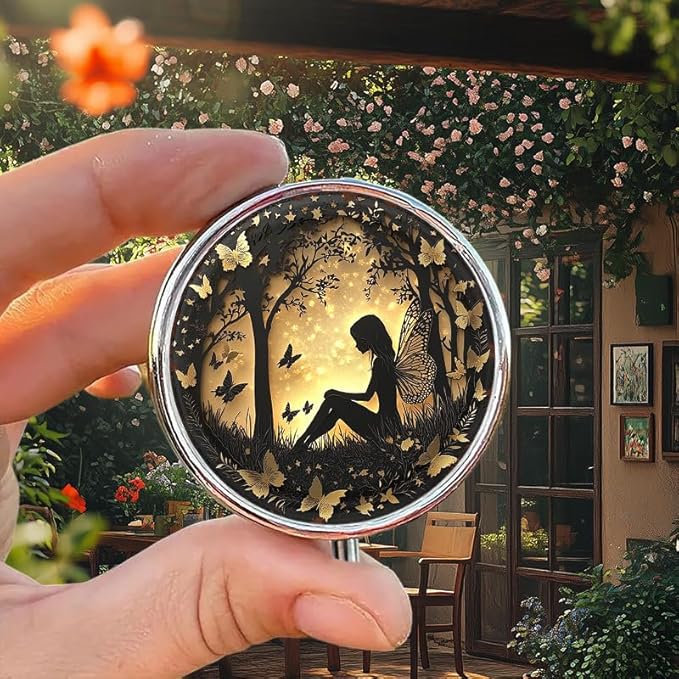 Portable Round 3 Compartment Metal Pill Box Enchanted Fairy & Butterflies Print Ideal for Office Coffee Shop Traveling