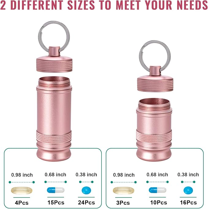 Portable Keychain Pill Holder Case - Small Waterproof Aluminium Alloy Portable Pill Box, Metal Pill Container for Purse Daily Medicine Carrier Organizer Bottle for Outdoor Camping Travel 2 Pack Pink