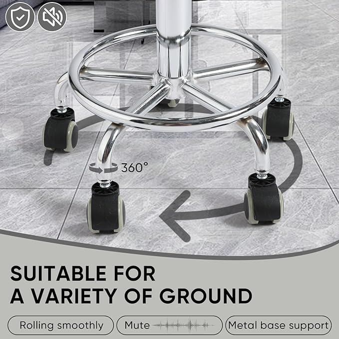 Adjustable Rolling Stool with Wheels - Ergonomic Salon & Tattoo Artist Chair, Office Stool with Comfortable PU Leather Seat, White