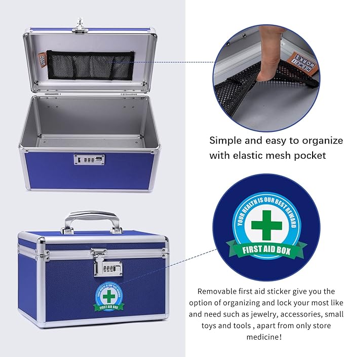 Lockable Medication Box with Portable Storage Case, 12.2''x 7.2''x 7.6'', Childproof Medicine Organizer with Combination Lock, Locking Box for Money, Documents & Meds (Blue/Medium)