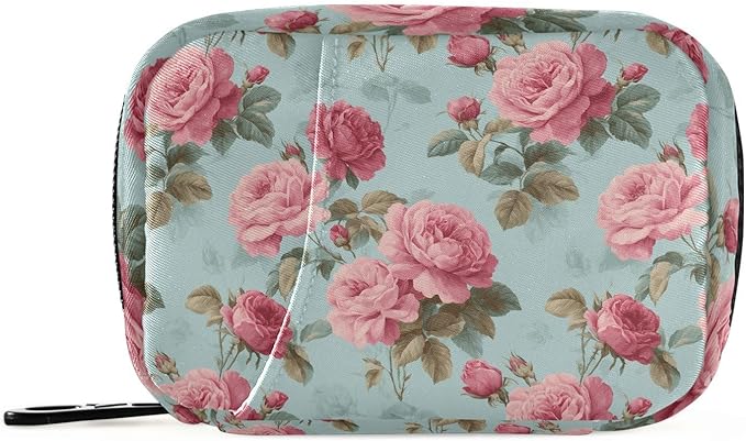 Pink Flower Zipper Travel Medicine Bag Vintage Large Capacity Pill Storage Bag Unisex Printed Pill Organizer for Medicine Vitamin