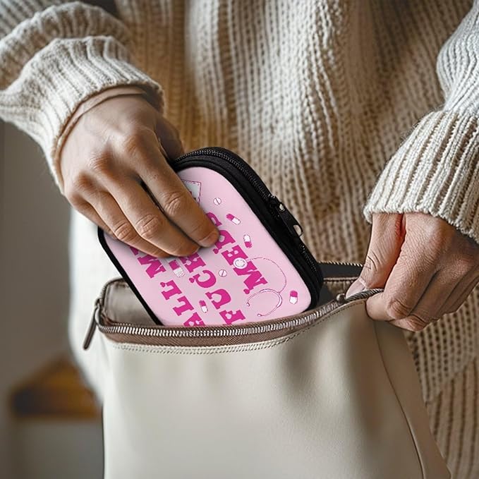 Pink Letters Print Pill Organizer Box Small Medicine Case with Zipper Travel Vitamin Storage Bag Weekly Supplement Holder for Daily Travel