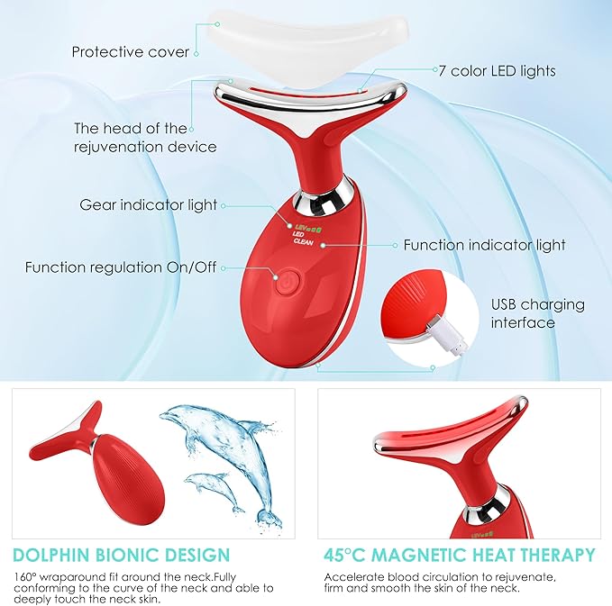 Facial Massager Red-Light-Therapy-for-Face and Neck, Face 𝖲 culpting Wand with 7 Color (Red)