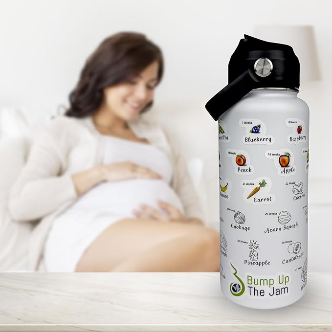 Pregnancy Water Bottle Tracker - 32 Ounce Stainless Steel - Includes Weekly Pregnancy Tracker Stickers (Pink Parchment Color)