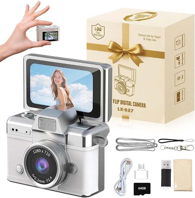 Vintage Mini Digital Camera Retro Mini Digital Video Keychain Camera Small Bodycam 1080P HD 0.96" IPS Screen Type-C 64G Card Included Portable for Photography Enthusiasts Travel (White)