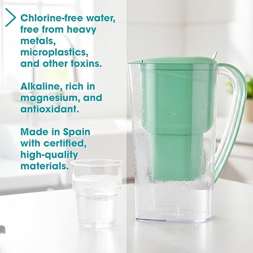 Water Filter Jug Green for Tap Water Alkanatur Drops Filters Water Supports Ionisation and Gives Magnesium from pH 9 1.4 Litre Capacity Filters Limescale Chlorine and Metals Without BPA