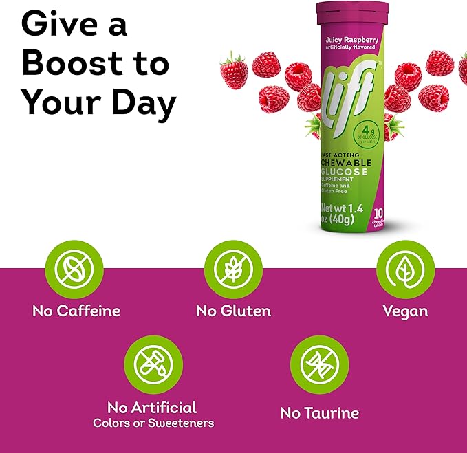 Lift Glucose Fast-Acting Glucose Chewable Energy Tablets, Raspberry, 10 ct Tube (Pack of 12)