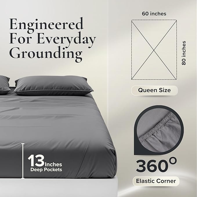 Earthing Grounding Sheets Queen Size (Grey) - 400 Thread Count Soft Earthing Grounding Sheet w/Cotton, & Silver Fiber- Earthing Sheets Grounding with Reinforced Grounding Cord for Conductivity, Gray