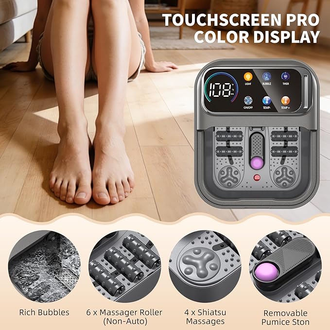 Collapsible Foot Spa Bath with Heat and Bubbles, Portable Foot Soaker Tub with XL Touch Screen, Temp Control & Massage Rollers, At-Home Pedicure Spa for Stress Relief